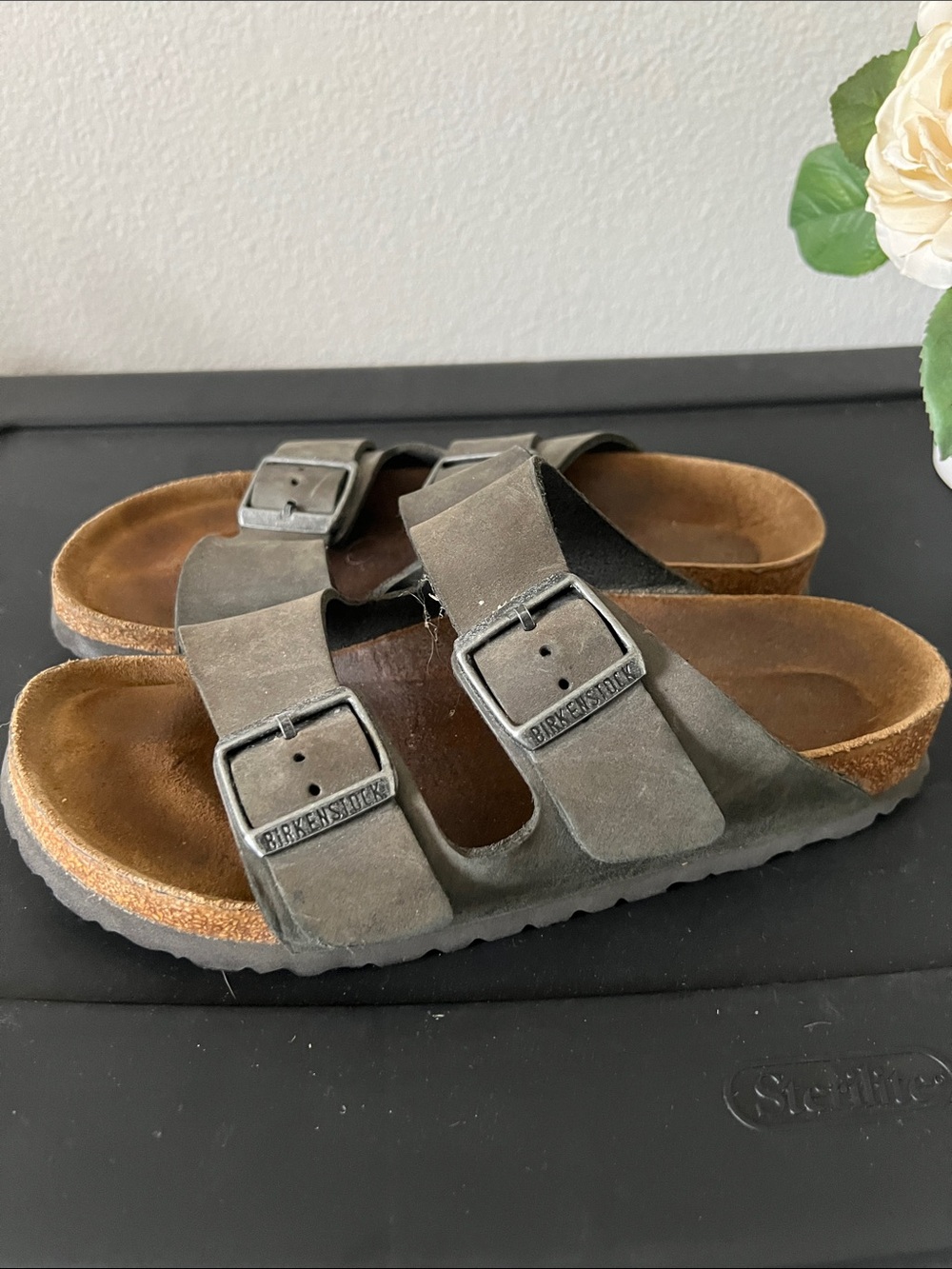 Birkenstock Two-Strap Mules in Olive Green with Brown Footbed